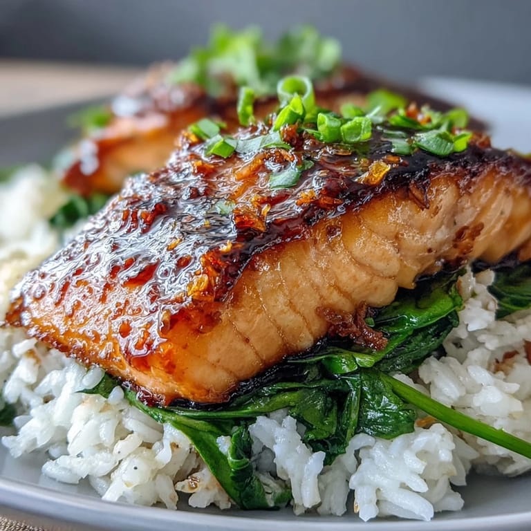 Savory Miso Glazed Salmon Bowl features tender fish with caramelized edges, served on jasmine rice alongside ginger-infused spinach and fresh scallions.