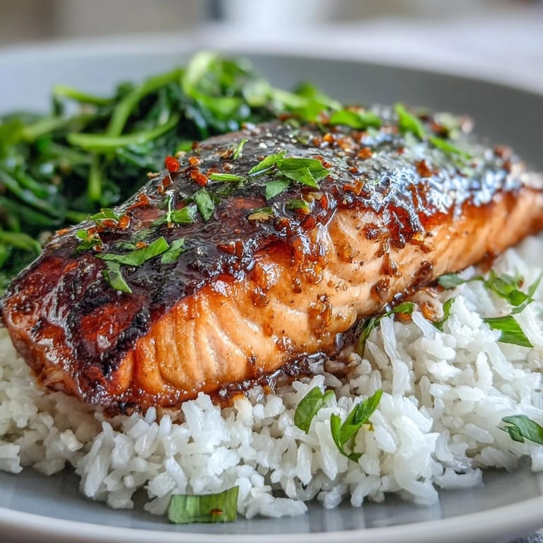 A beautiful Miso Glazed Salmon Bowl showcases broiled salmon, fluffy rice, and wilted spinach, topped with crunchy sesame seeds and lime wedges for brightness.