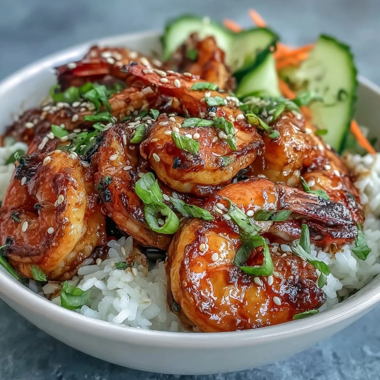 Fresh edamame, julienned carrots, and a glossy ginger-sesame dressing garnish this wholesome, pescatarian-friendly Asian Shrimp Bowl.  