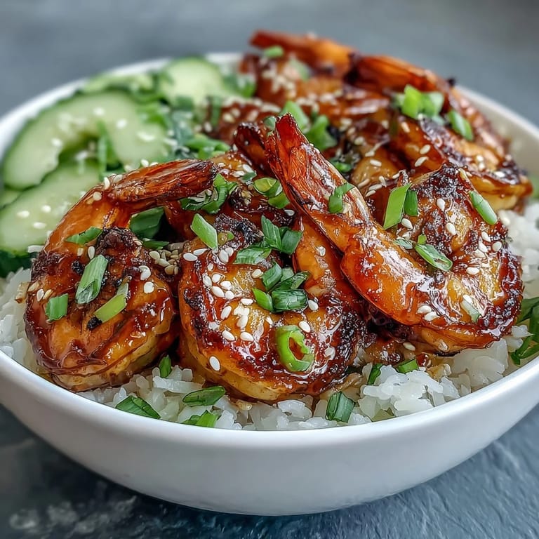 Serving suggestion for the Asian Shrimp Bowl: juicy shrimp, warm rice, and colorful vegetables drizzled with tangy ginger-sesame dressing.