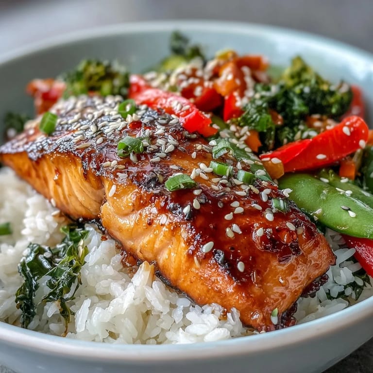 A vibrant teriyaki salmon bowl topped with sesame seeds and green onions, served with chopsticks beside it.
