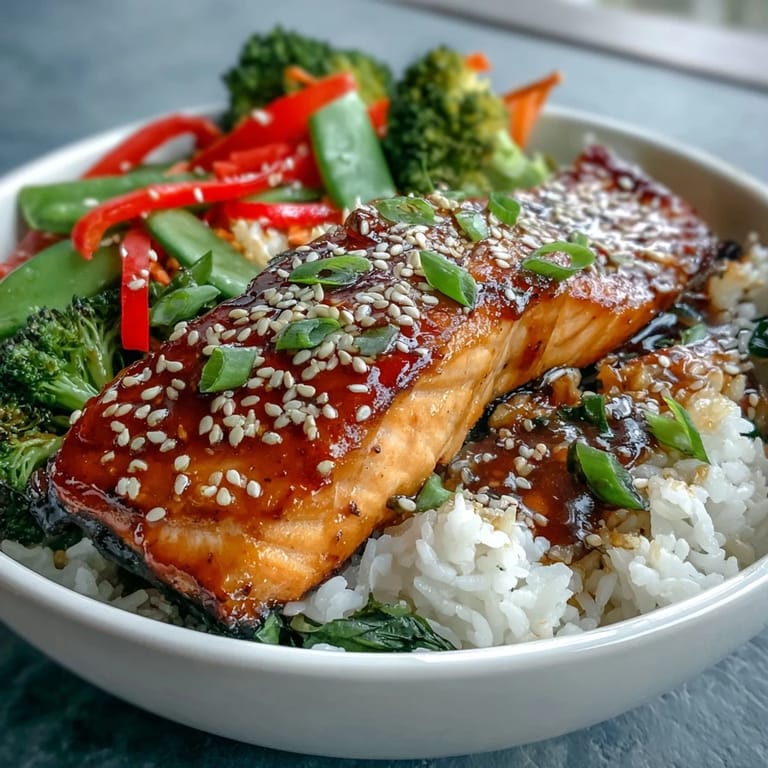 Close-up of tender salmon fillet in teriyaki glaze over jasmine rice and crunchy vegetable medley, ready to serve.