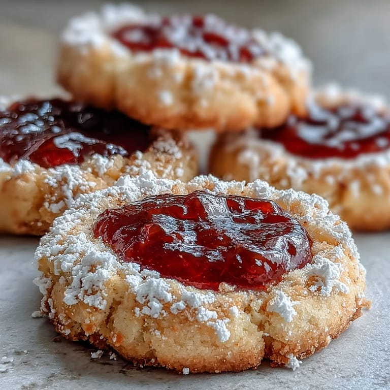 Freshly baked Torticas de Guayaba cookies dusted with powdered sugar are arranged on a cooling rack beside a jar of bright guava jam.