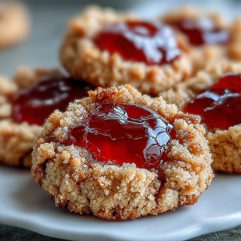 Close-up view of Guava Jam Thumbprint Cookies showing a thumbprint indentation filled with glossy, bright guava jam.