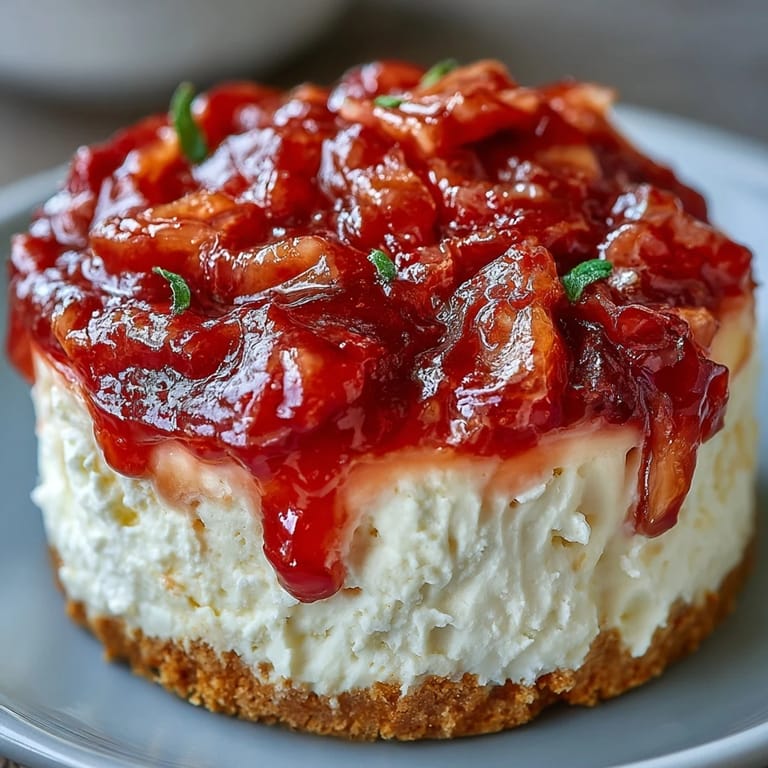 A chilled slice of Easy Guava Swirl Cheesecake reveals smooth filling and gooey tropical guava ribbons.