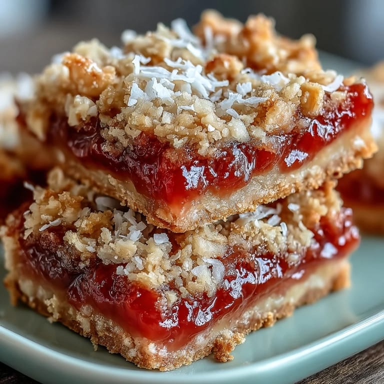 Warm Guava Jam Bars are cut into squares, revealing layers of buttery oat crust, sticky guava center, and crunchy roasted macadamia nut crumble.