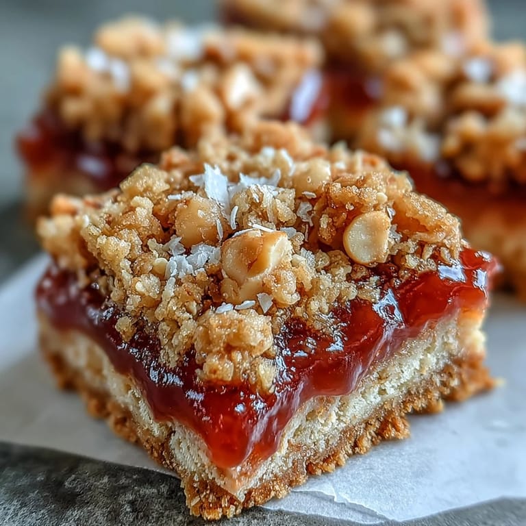 Serving suggestion for Guava Jam Bars plated beside a cup of coffee, highlighting the tropical-inspired fusion dessert with a golden coconut oat topping.