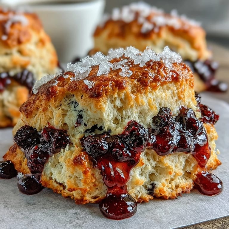 Warm Blueberry Lemon Sourdough Scones topped with coarse sugar, bursting with tangy fruit flavor and perfect for breakfast or brunch.