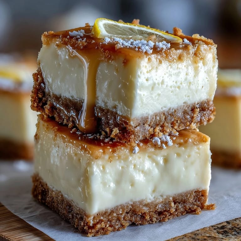 Refreshing lemon cheesecake squares with limoncello filling and golden graham cracker base.