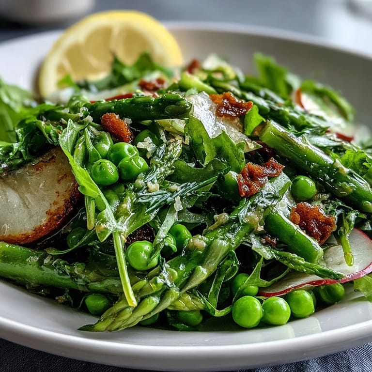 Vibrant spring salad featuring sugar snap peas, radishes, and lemon vinaigrette, perfect for a light and refreshing vegetarian meal.