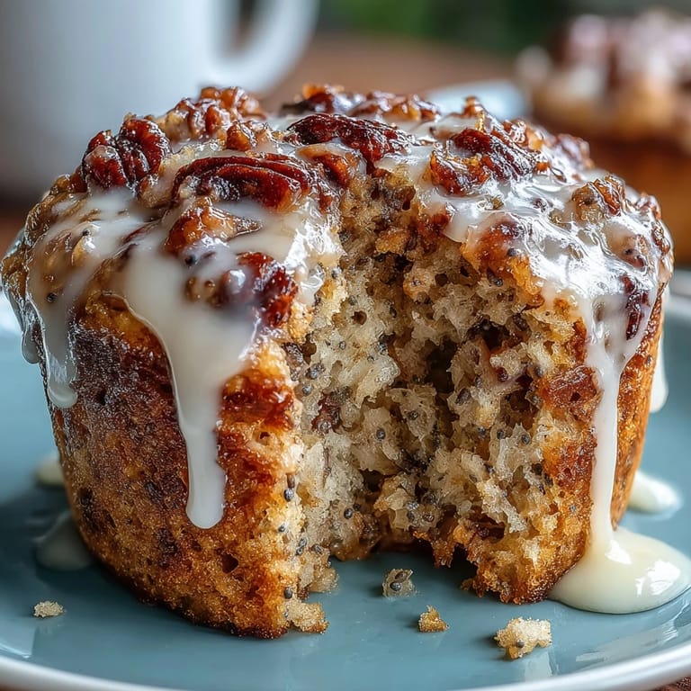 Golden muffins bursting with lemon zest and poppy seeds, drizzled with tangy citrus glaze for a delightful brunch centerpiece.