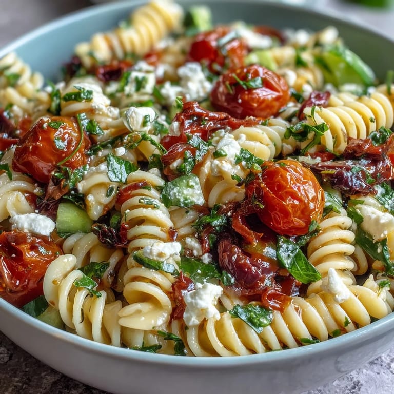 Refreshing summer pasta salad with zesty Italian dressing, tossed with cherry tomatoes, cucumbers, and bell peppers for a crisp bite.