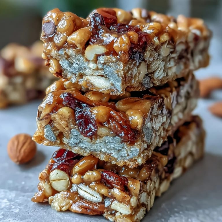 Soft, chewy no-bake granola bars loaded with oats, mixed nuts, and cranberries—ideal for hiking, picnics, or quick energy boosts.