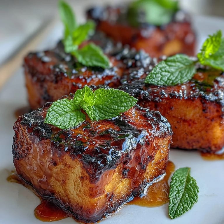 Sweet grilled watermelon cubes paired with tangy feta and vibrant mint, drizzled with balsamic glaze for a refreshing summer salad.