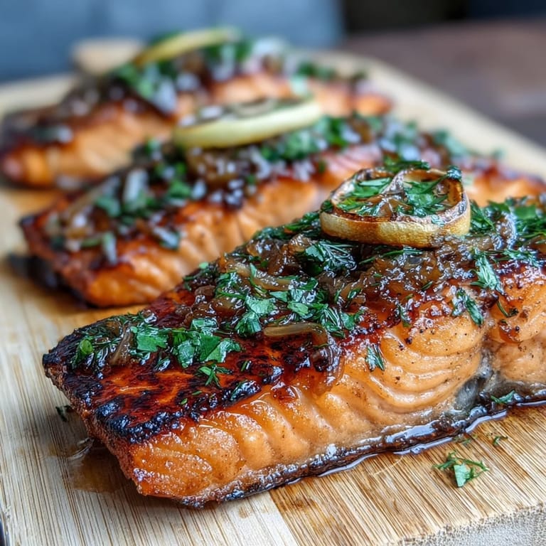Smoky cedar plank salmon fillet, topped with fresh dill and lemon slices, perfect for summer grilling.
