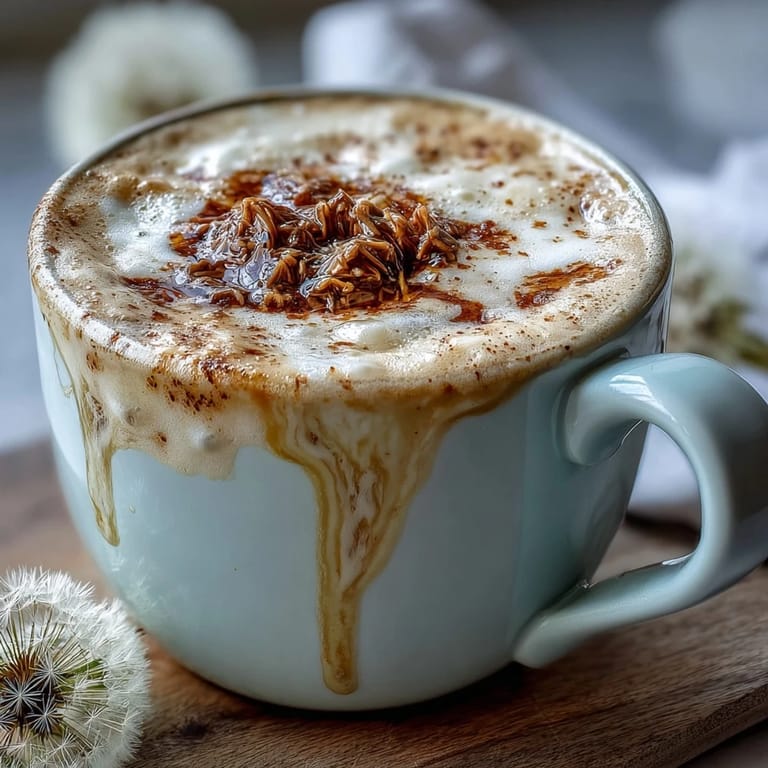 Warm dandelion tea latte with oat milk and honey, featuring a golden hue, aromatic cinnamon sprinkle, and a comforting, naturally sweetened herbal taste.