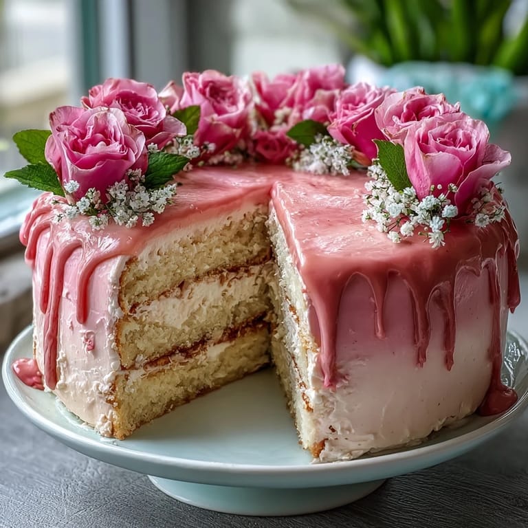 Elegant Mothers Day cake with pink ombre buttercream, delicate flowers, and vanilla sponge layers.  