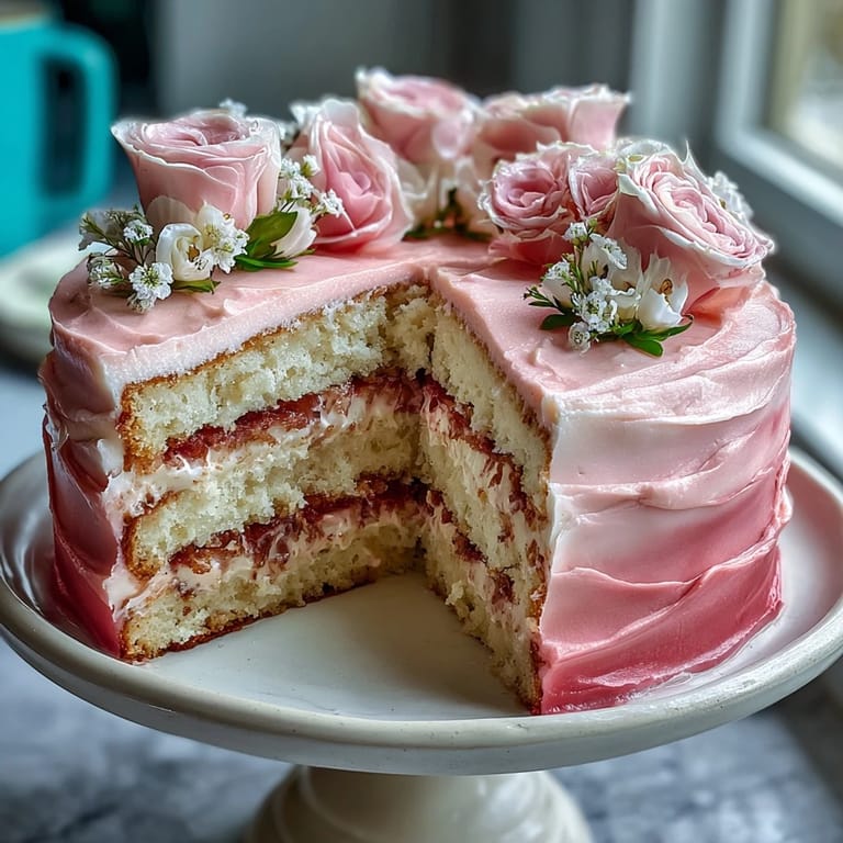 Showstopping vanilla layer cake featuring pink ombre buttercream and fresh edible flowers for Mothers Day.