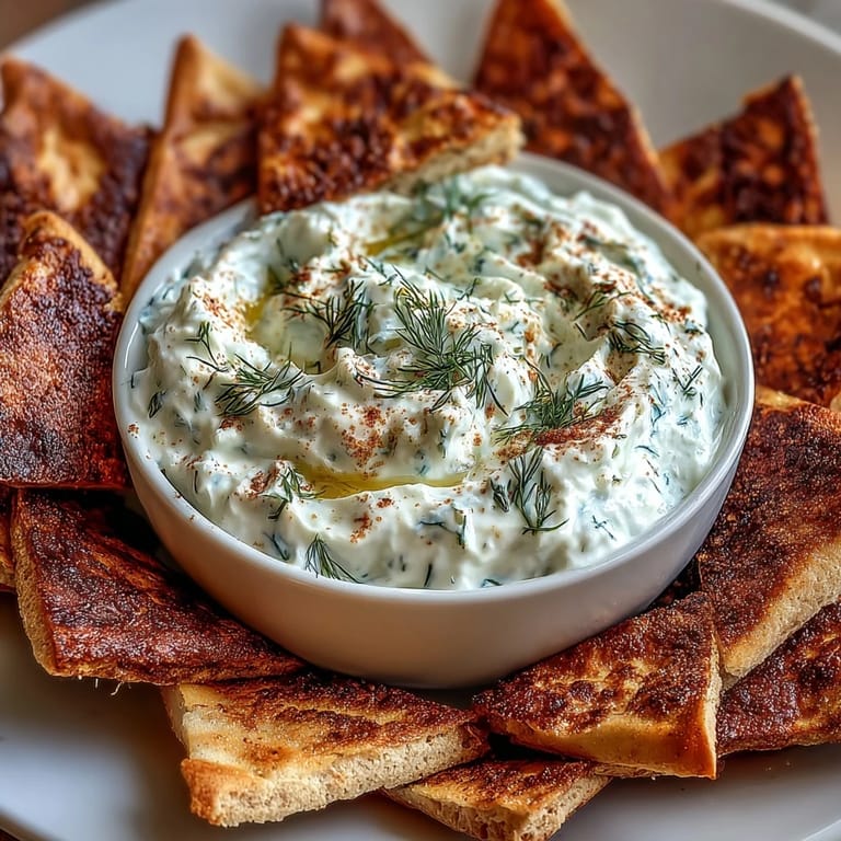 Golden-brown pita triangles served with a side of refreshing tzatziki, ideal for a light vegetarian appetizer or beach picnic.