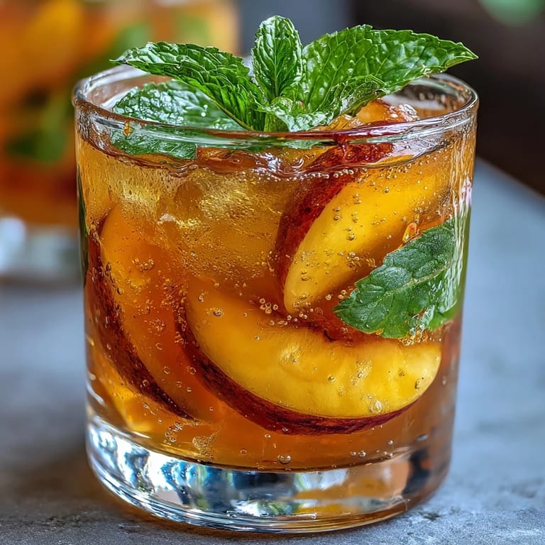 Refreshing Mango Peach Sparkling Tea garnished with mint and fresh peach slices, a light and fruity drink.