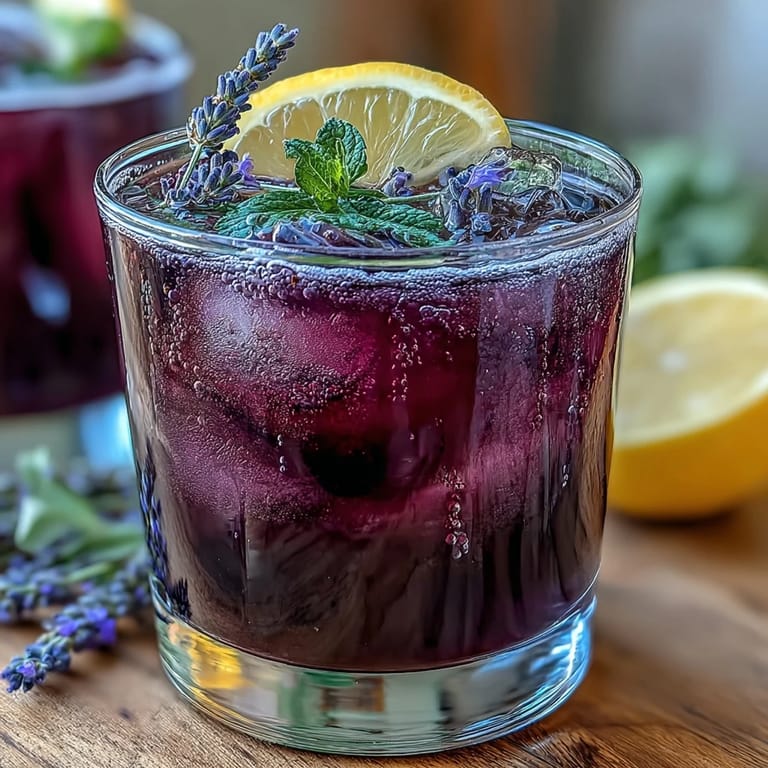 Refreshing Purple Rain lavender lemonade refresher with citrus slices, ice, and purple butterfly pea flower tea infusion.