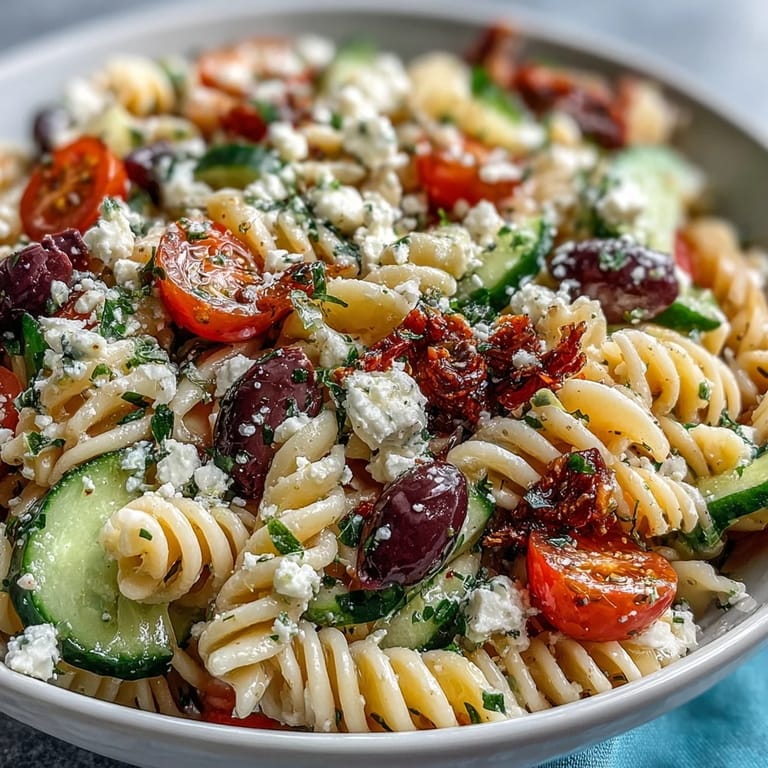 Colorful Greek pasta salad featuring juicy tomatoes, crisp cucumbers, briny Kalamata olives, and creamy feta cheese.