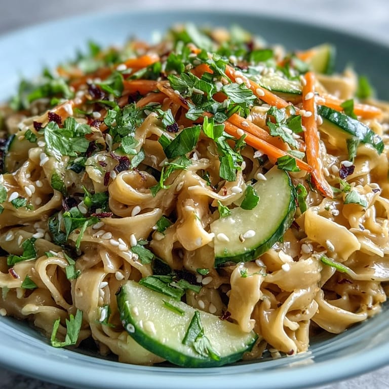 Creamy sesame sauce coats chilled wheat noodles, topped with crisp cucumber slices and toasted sesame seeds.