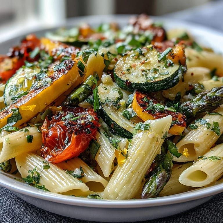 Vibrant Spring Pasta Primavera featuring crisp asparagus, cherry tomatoes, and zucchini tossed with penne and Parmesan.  
