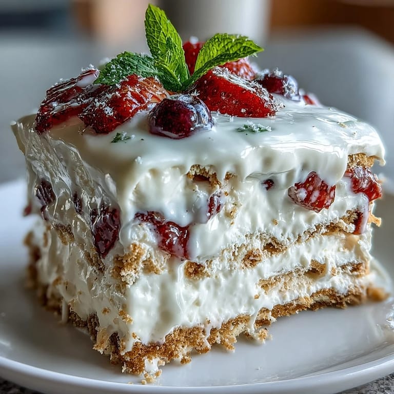 Creamy, patriotic Memorial Day No-Bake Icebox Cake ready to slice and serve.