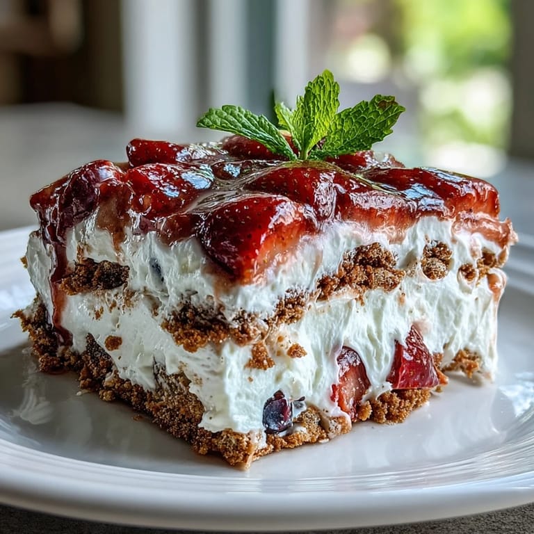 Luscious layers of Memorial Day No-Bake Icebox Cake with fresh berry topping.