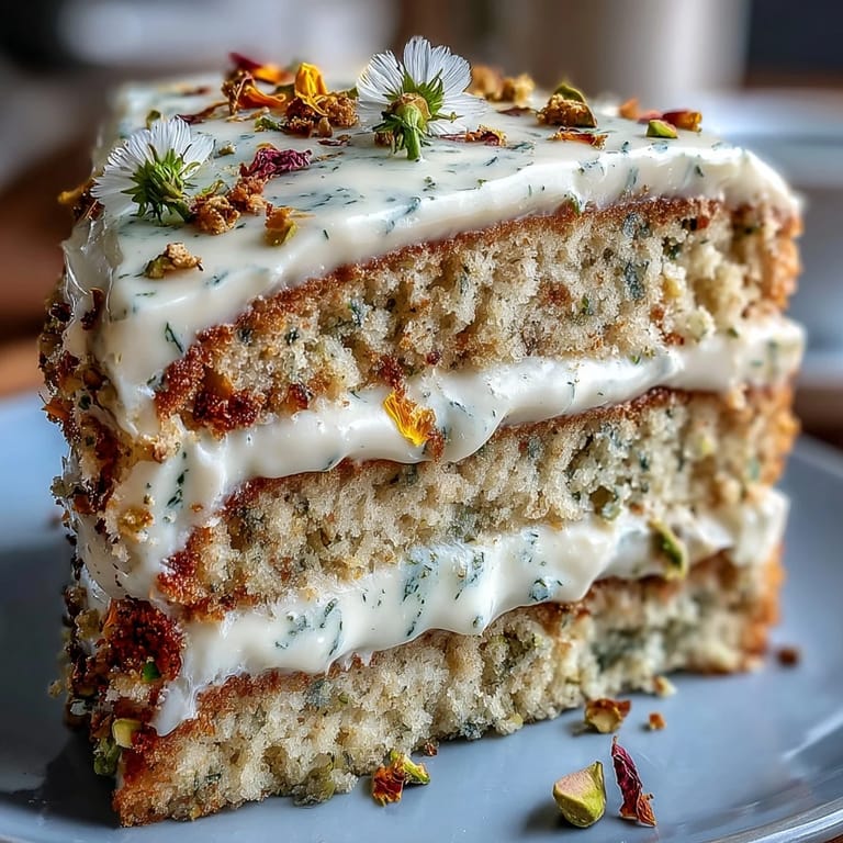 Festive layered cake with creamy lemon frosting and crunchy pistachios.