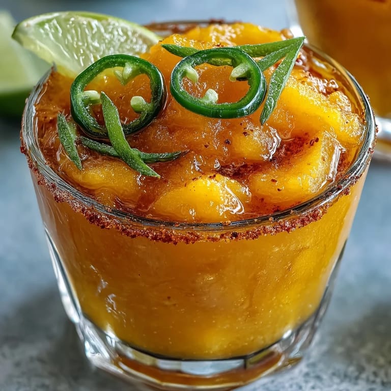 Fruity Spicy Mango Margarita Slushie: a frosty, vibrant, no-alcohol tropical drink.