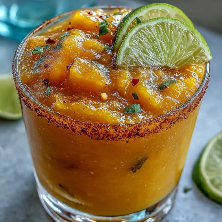 A spicy, sweet, frozen mango margarita slushie, perfect for refreshing summer sips.