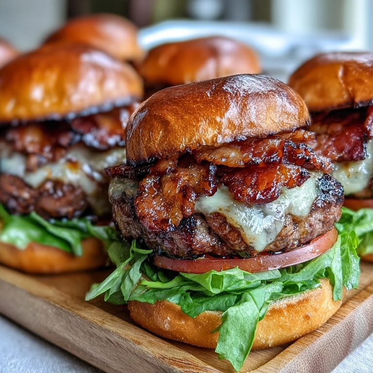 Delicious Father's Day sliders featuring grilled beef, crispy bacon, and buns.