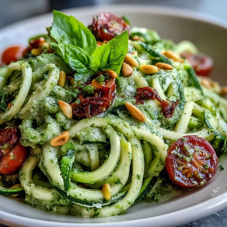Enjoy this light and flavorful zucchini noodles with avocado pesto, perfect for lunch.