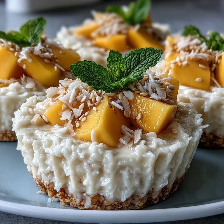 Delightful individual coconut mango sticky rice cups topped with fresh diced mango.