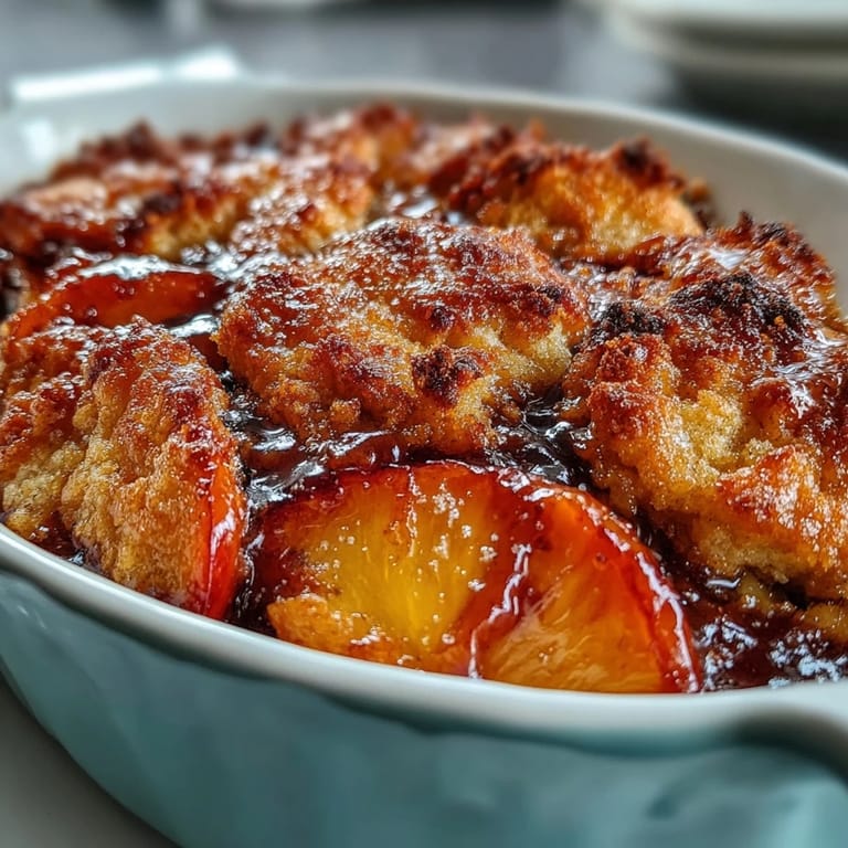 Warm Peach Cobbler with a delicious, crumbly biscuit topping, a perfect dessert.