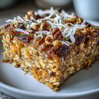 Golden baked carrot cake oatmeal, studded with raisins and nuts.