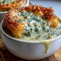 Creamy broccoli and butternut squash soup served in a rustic bowl with a golden, flaky cheese pastry alongside.  