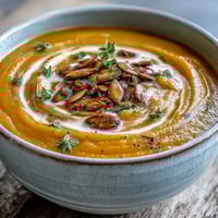 Smooth and creamy roasted butternut squash soup garnished with pumpkin seeds and fresh thyme, served in a rustic bowl.