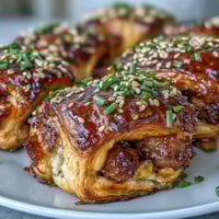Golden brown Pepper Jelly Hogs in a Blanket fresh from the oven, with flaky pastry and a sweet glaze.