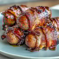 Golden-brown Bacon-Wrapped Smokies fresh from the oven, glazed with bubbling brown sugar. 