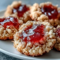 Golden-baked Guava Jam Thumbprint Cookies with a vibrant pink, sweet-tart filling and crackled tops rest on a cooling rack.