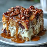 Golden slices of Guava Caramel Bread Pudding With Pecans are served warm on a rustic plate.