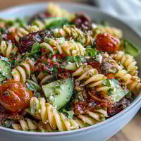 Colorful picnic pasta salad with Italian dressing, featuring rotini, fresh vegetables, and mozzarella pearls in a vibrant bowl.