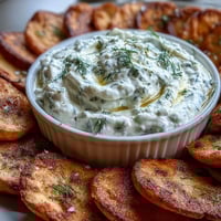 Crispy golden pita chips arranged beside a bowl of creamy tzatziki, garnished with fresh dill for a Mediterranean snack.  