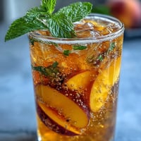 Sparkling Mango Peach Tea with fresh fruit and mint, a refreshing summer beverage perfect for hot days.