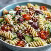 Vibrant Summer Pasta Salad Greek Style with olives, feta, and fresh vegetables in a tangy Mediterranean dressing.