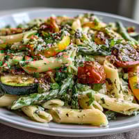 Colorful Spring Pasta Primavera with fresh vegetables, herbs, and a bright lemon sauce, served in a rustic bowl.  