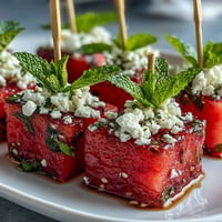 Refreshing watermelon feta bites on toothpicks with vibrant mint for a perfect summer appetizer.
